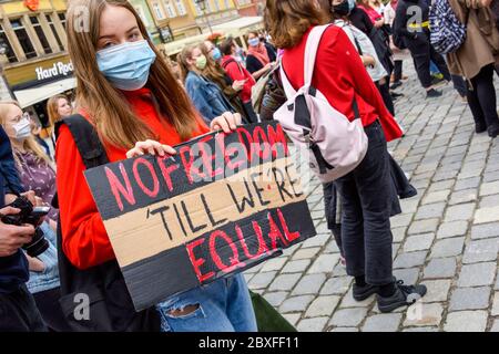 Wroclaw, Poland, 06.06.2020 - Young people hold a poster with words 'no freedom till we`re equal' on polish peaceful protest against racism and hatred Stock Photo
